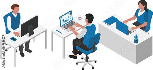 Isometric corporate office illustration, business professionals working on computers with analytics charts in modern workspace environme