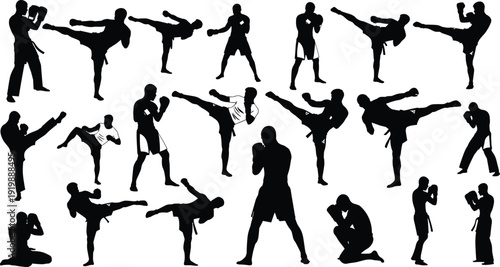 Martial Arts Silhouette Vector Set Featuring Karate Kickboxing Muay Thai and Boxing Poses with Fighters Kicking Punching and Training Action Sequences