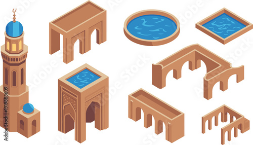 Isometric Islamic architecture set, mosque minaret, decorative arches, courtyard fountain and traditional water pools 3D illustration collection