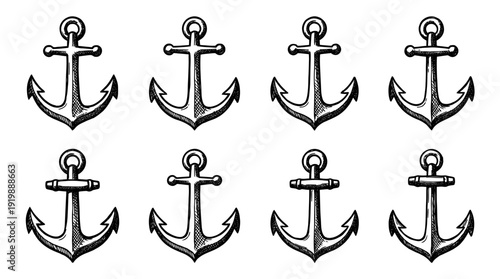 anchor, bold style black Hand drawn set collection , white background , vector isolate