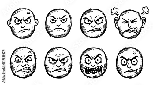 angry face, bold style black Hand drawn set collection , white background , vector isolate