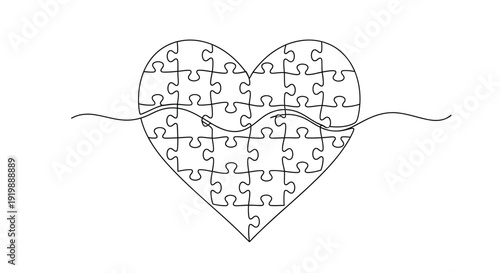 Heart made of puzzle pieces, single line art, concept of love and connection