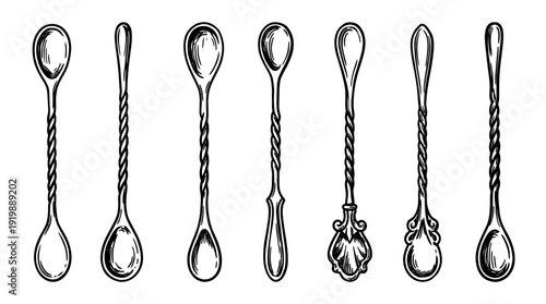 bar spoon, bold style black Hand drawn set collection , white background , vector isolate