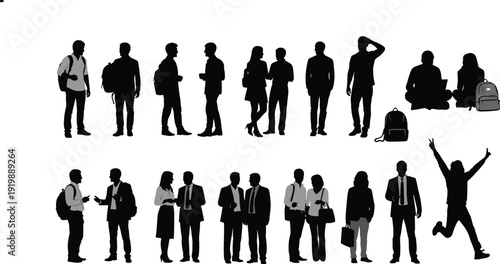 Modern flat vector illustration of professional business team collaborating on creative project with technology icons in bright contemporary office interior.