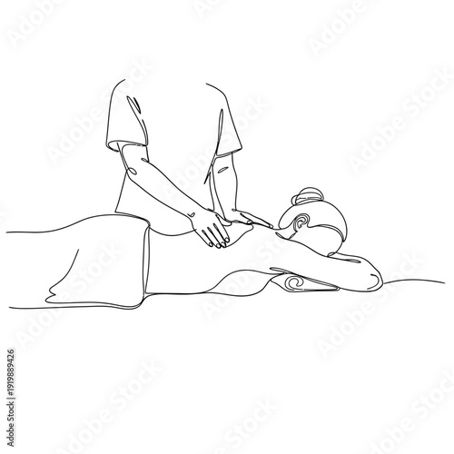 Massage therapy session, single line drawing of relaxation and wellness