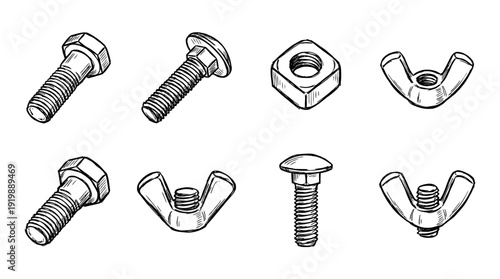 bolt and nut, bold style black Hand drawn set collection , white background , vector isolate