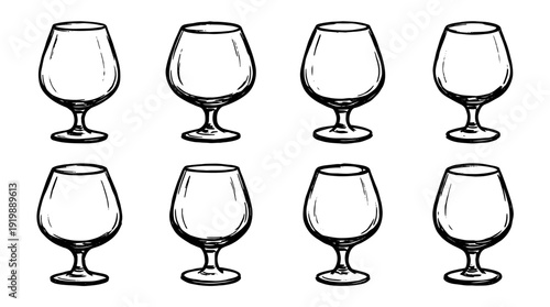 brandy glass, bold style black Hand drawn set collection , white background , vector isolate