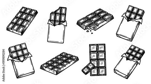 chocolate bar, bold style black Hand drawn set collection , white background , vector isolate
