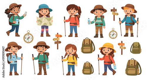 Collection of happy children hikers with backpacks maps compasses and trekking poles