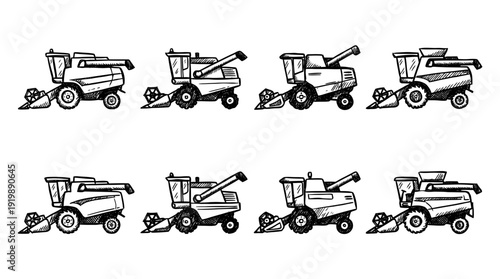 combine harvester, bold style black Hand drawn set collection , white background , vector isolate