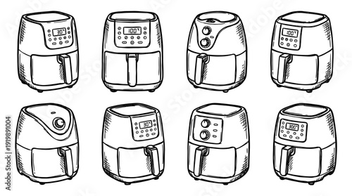 digital air fryer, bold style black Hand drawn set collection , white background , vector isolate