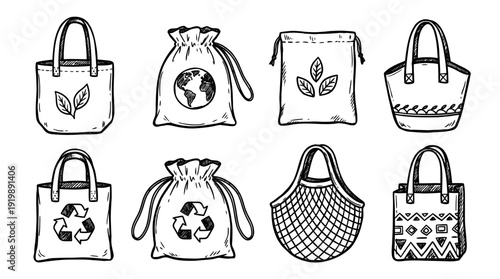 eco bag, bold style black Hand drawn set collection , white background , vector isolate