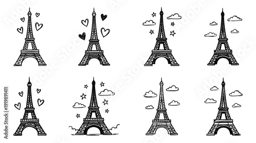 eiffel tower, bold style black Hand drawn set collection , white background , vector isolate