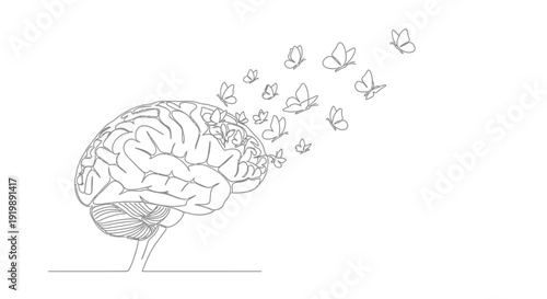Single continuous line drawing of a human brain with butterflies.