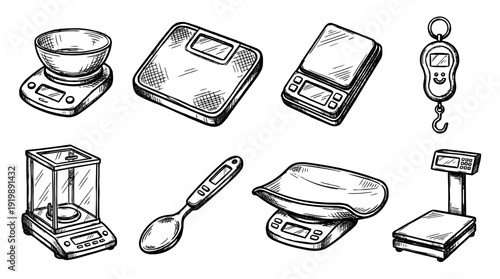 electronic scale, bold style black Hand drawn set collection , white background , vector isolate