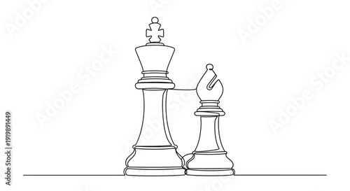 Continuous Line Art Drawing of Chess King and Bishop Pieces