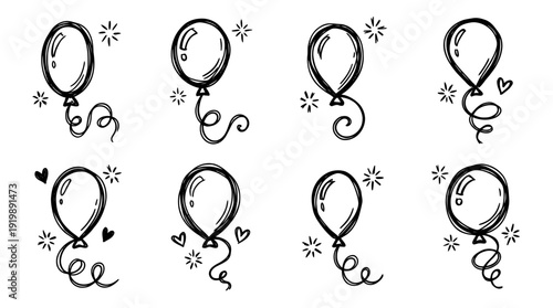 euphoria balloon, bold style black Hand drawn set collection , white background , vector isolate
