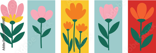 Abstract flower vector illustration set featuring colorful floral botanical spring bloom plant flat design isolated decorative collection