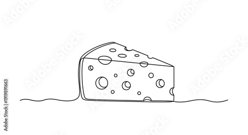 Delicious swiss cheese wedge with holes in a continuous one-line drawing style