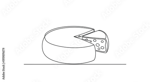 Round cheese wheel with a slice cut out, in a continuous line drawing style