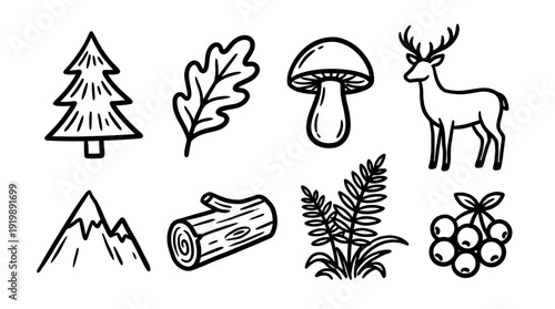 forest, bold style black Hand drawn set collection , white background , vector isolate