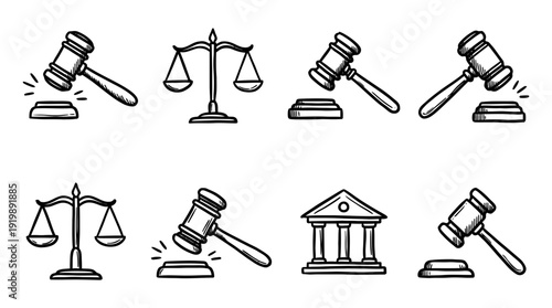 gavel justice, bold style black Hand drawn set collection , white background , vector isolate