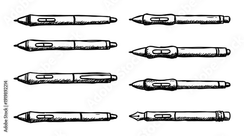 graphics tablet pen, bold style black Hand drawn set collection , white background , vector isolate