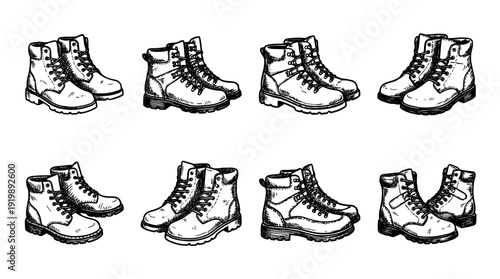 hiking boots, bold style black Hand drawn set collection , white background , vector isolate