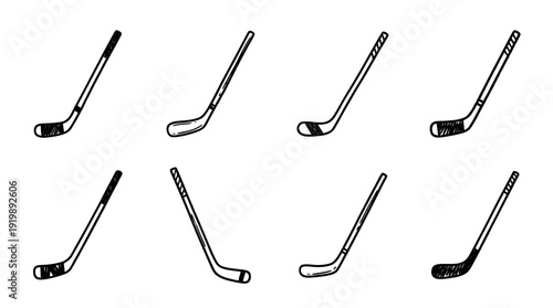 hockey stick, bold style black Hand drawn set collection , white background , vector isolate