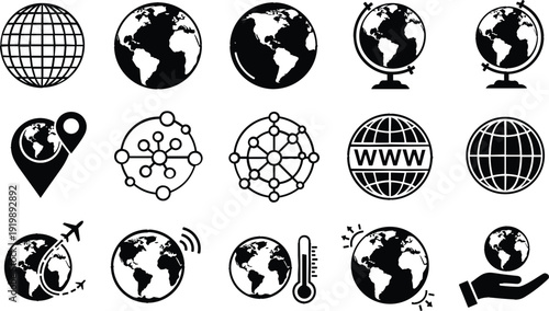 Global network and environmental icon set featuring Earth globes, world map locations, international travel, global warming, and world wide web symbols in solid black style.