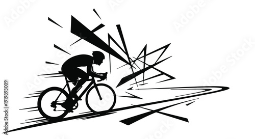 Isolated black vector illustration of a vintage mountain biker silhouette cycling on a red bicycle wheel for sport transport and exercise