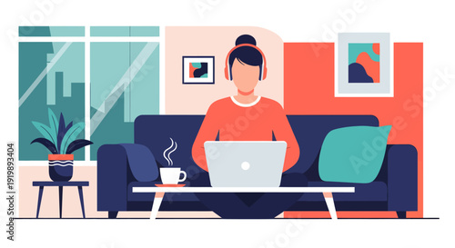 Woman working remotely from home on laptop with headphones.