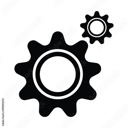 A simple black and white graphic depicts two gears on a white background. A large gear with eight teeth dominates the lower portion, while a smaller gear is positioned above it. The design uses black 