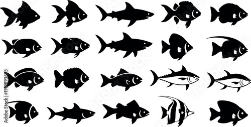 Collection of various fish silhouettes on a white background