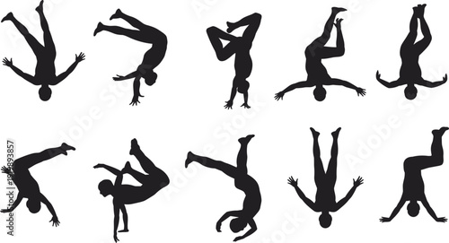 Breakdance silhouette vector set, hip hop dancer acrobatic freeze moves collection, street dance action poses isolated illustration