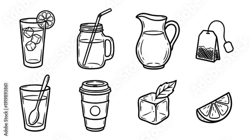 iced tea, bold style black Hand drawn set collection , white background , vector isolate