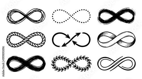 infinity symbol, bold style black Hand drawn set collection , white background , vector isolate