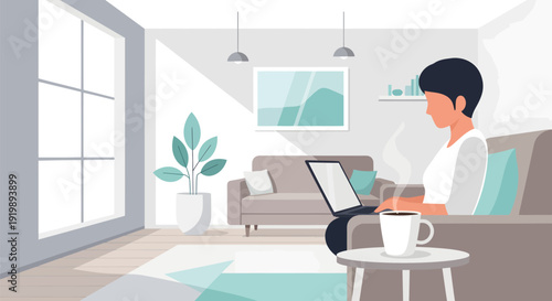 Woman working remotely from home with laptop and coffee.