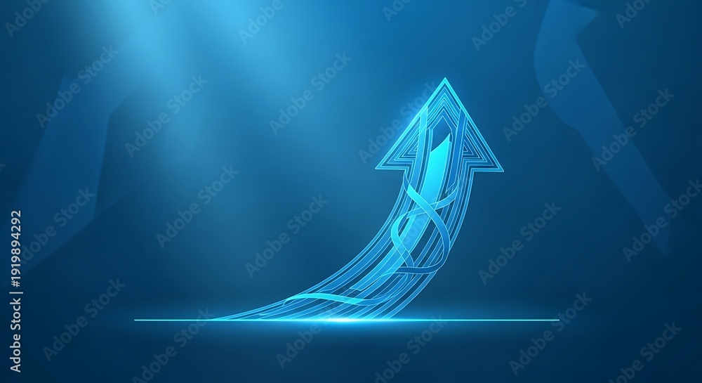 Fototapeta premium A glowing blue arrow rises upwards, symbolizing growth and progress, in a futuristic digital landscape illuminated by soft, ethereal light.