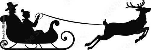 Santa Claus riding sleigh with reindeer silhouettes isolated on white background, Christmas holiday transportation scene, minimalist black vector illustration for festive design projects