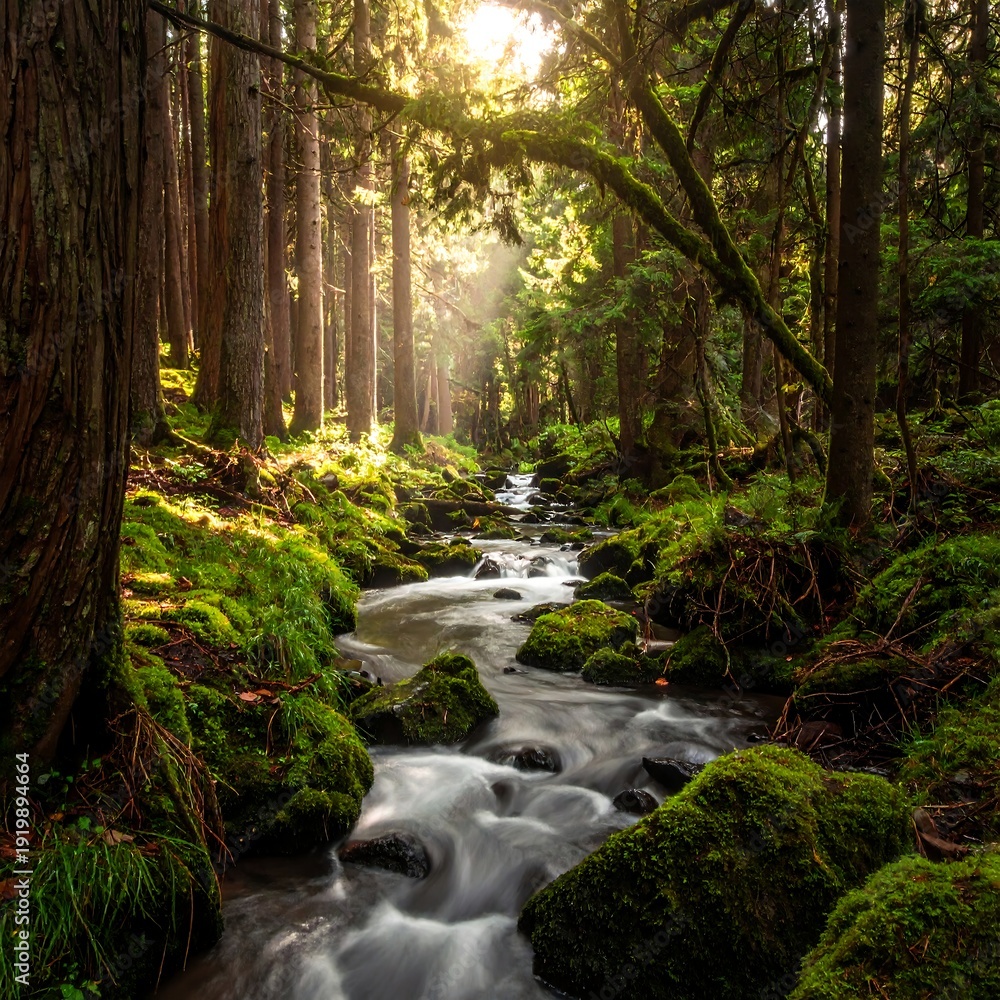 Obraz premium A serene forest scene with a winding stream (3)