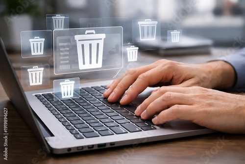 Improving data cleanup and secure file removal operations for corporate systems, clean desk environment displaying hand on laptop keyboard with trash floating icon overlay.