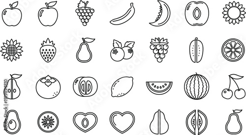 Professional vector icon set featuring minimalist line drawings of various fruits including apples, grapes, bananas, watermelons, and citrus for healthy food branding
