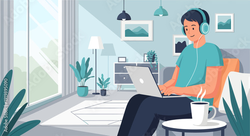 Young man wearing headphones working on a laptop at home.