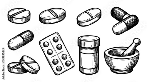 medicine pill, bold style black Hand drawn set collection , white background , vector isolate