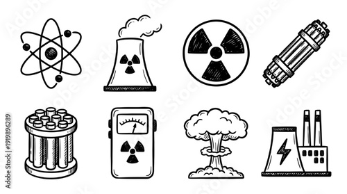 nuclear energy, bold style black Hand drawn set collection , white background , vector isolate