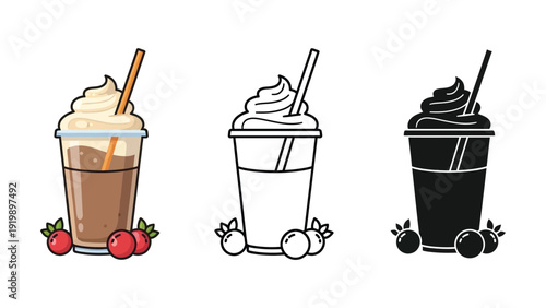Three stylized drinks with whipped cream and berries, including a colored version, outline, and silhouette.