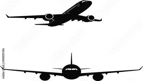 Silhouette airplane illustrations, ascending takeoff view, frontal landing 