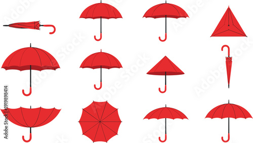 Professional vector illustration set of various red umbrellas in open, closed, and folded positions for weather and safety branding
