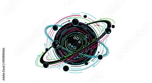 Abstract atomic structure with orbiting electrons and vibrant swirling energy trails